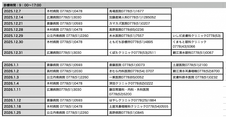 一般社団法人鯖江市医師会　当番医日程